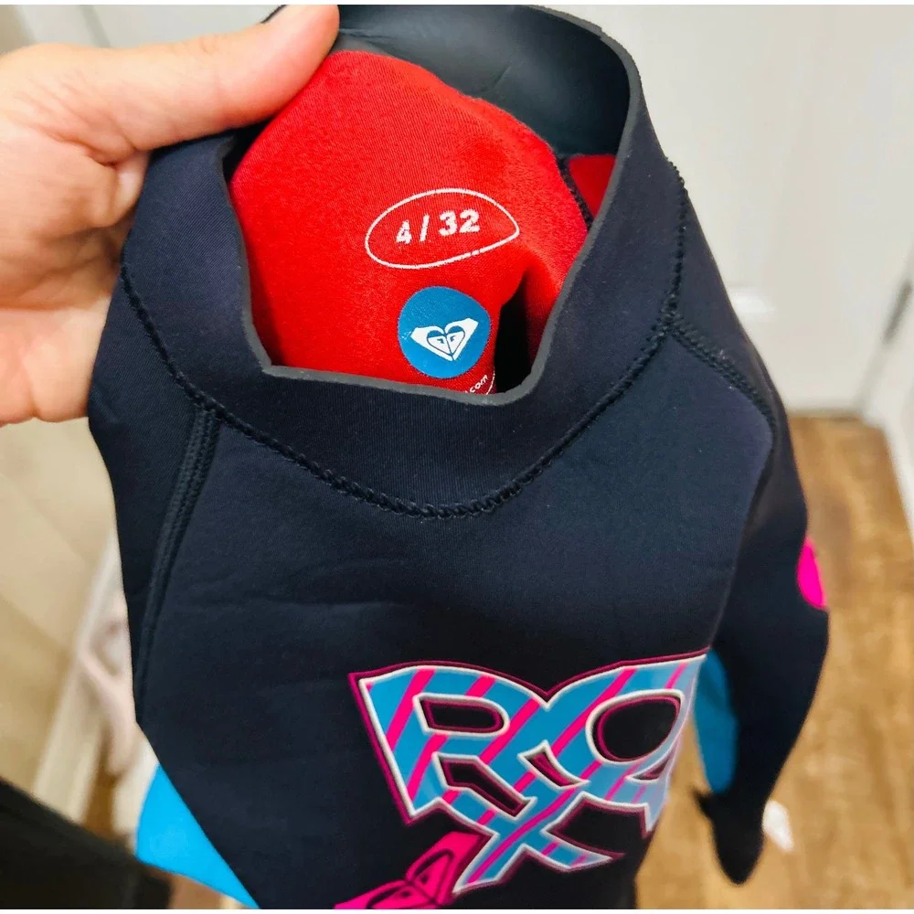 Roxy Syncro 1.5mm Kids Wetsuit Jacket Black Blue Pink Hyperstretch Size 4/32